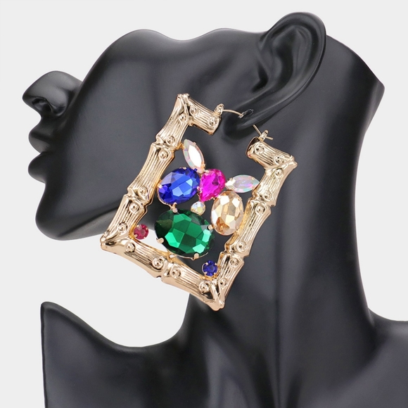 iFashionBox Jewelry - Gold Crystal Rectangle Bamboo Doorknocker Hoop Earrings Trendy Fashion Accessory